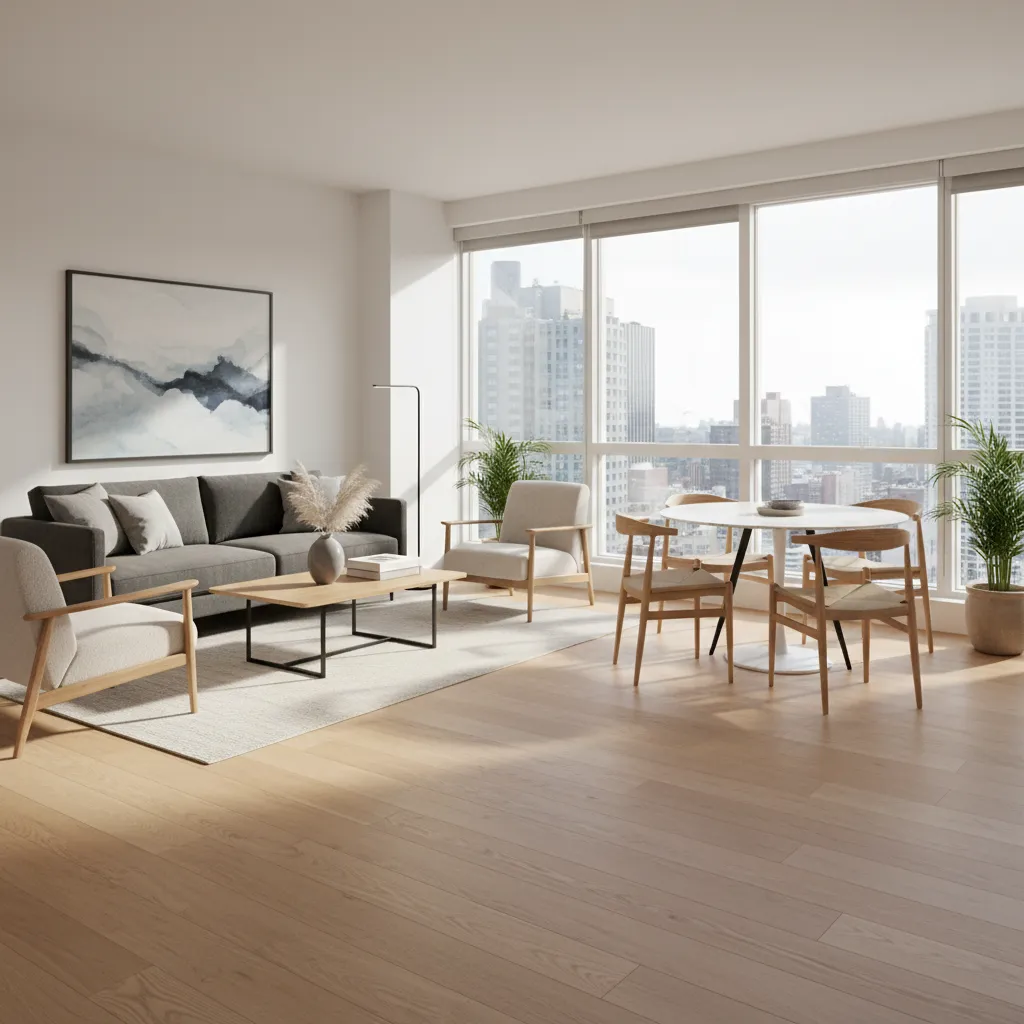 Dining table and sofa layout showing proper clearance distances in apartment living dining room