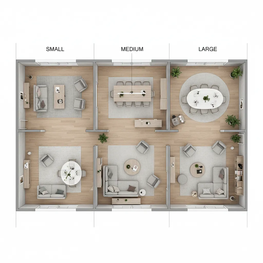 Furniture placement comparison diagram for small medium and large living dining rooms