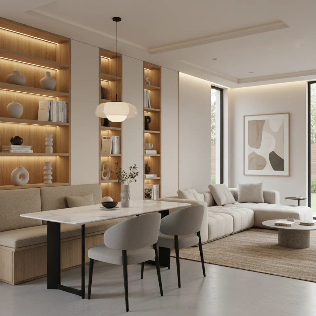 Living dining room with built in shelving and storage bench