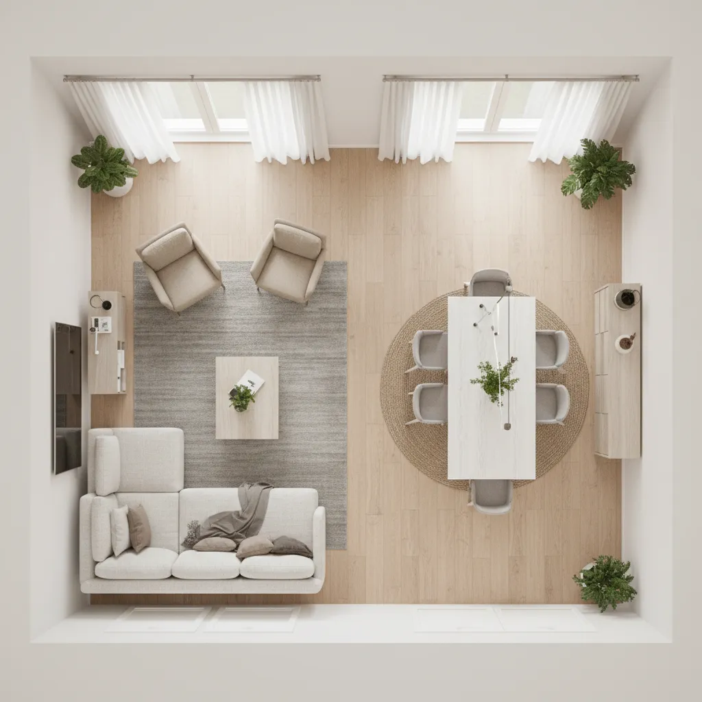 living dining room layout with highlighted circulation path between sofa and dining area