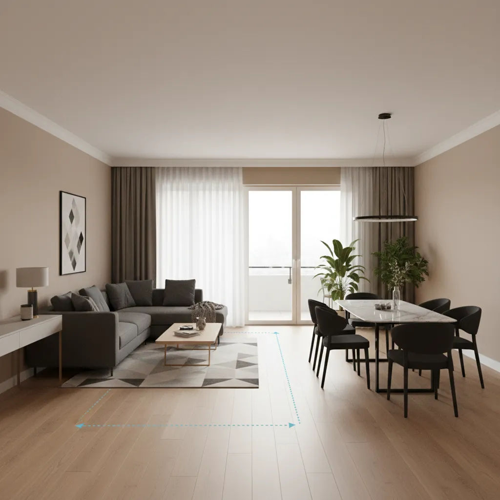 Rectangular living dining room layout showing circulation path between entry kitchen and balcony