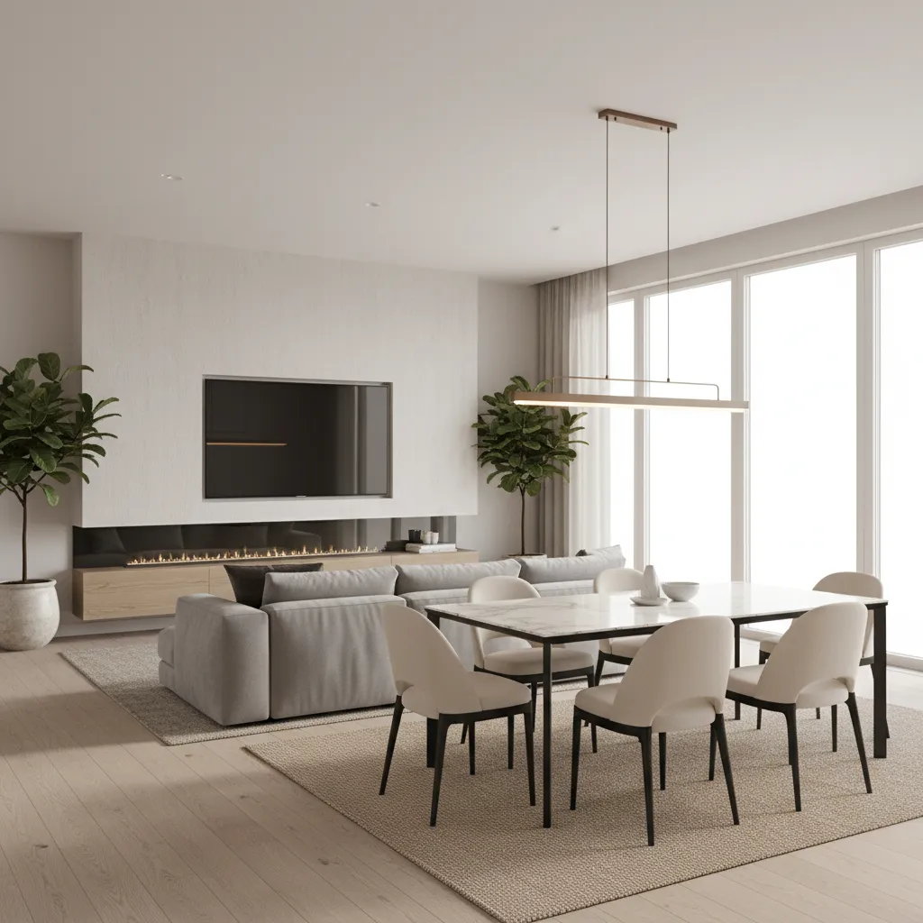 living dining room layout showing sofa facing tv wall with dining table behind