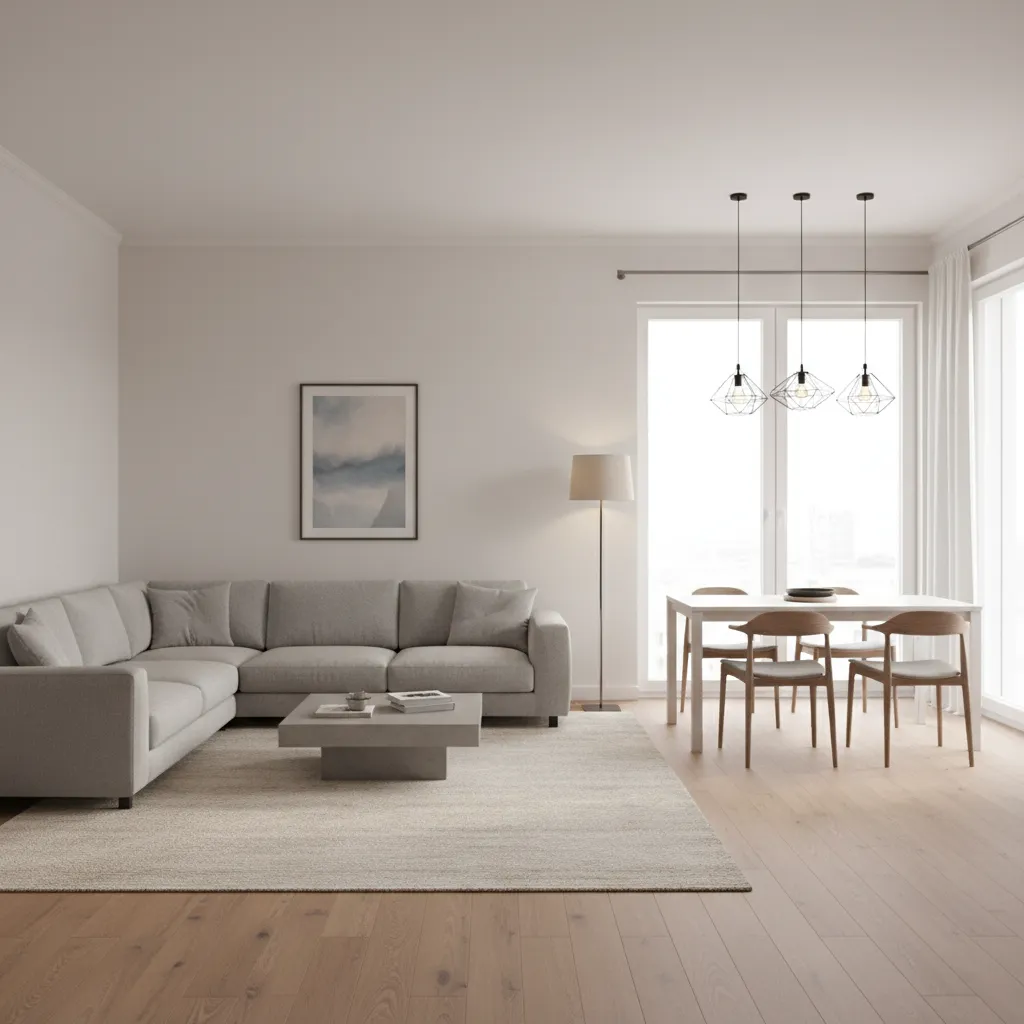 Apartment living dining room using rug and pendant lighting to define zones