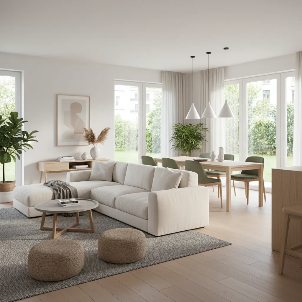 Living room rug defining seating area separate from dining table