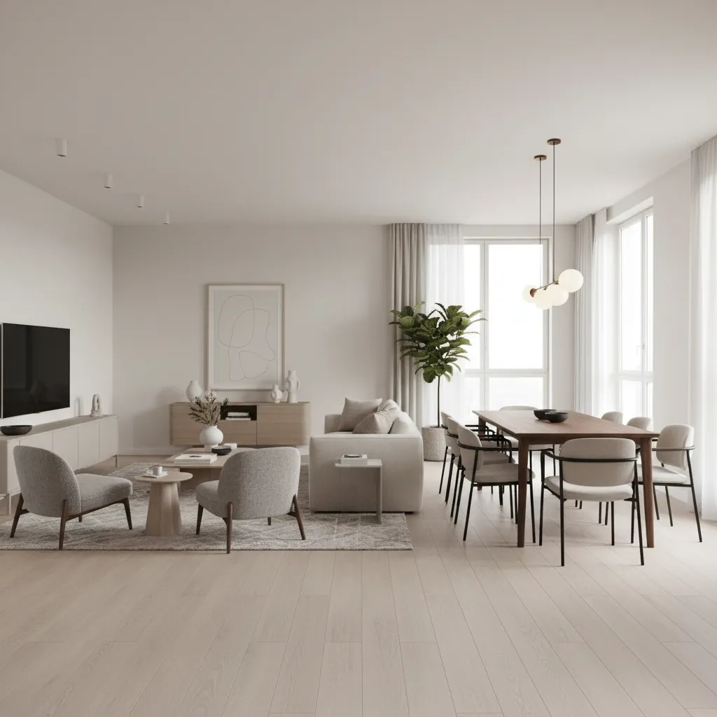 Open living dining room using rug and pendant lighting to define zones