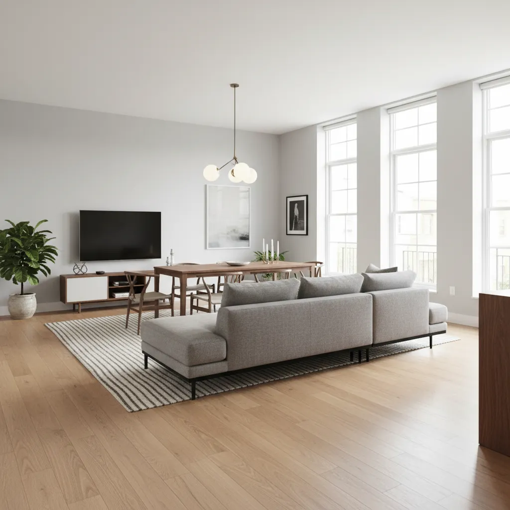 Sofa dividing living area from dining area in open plan room