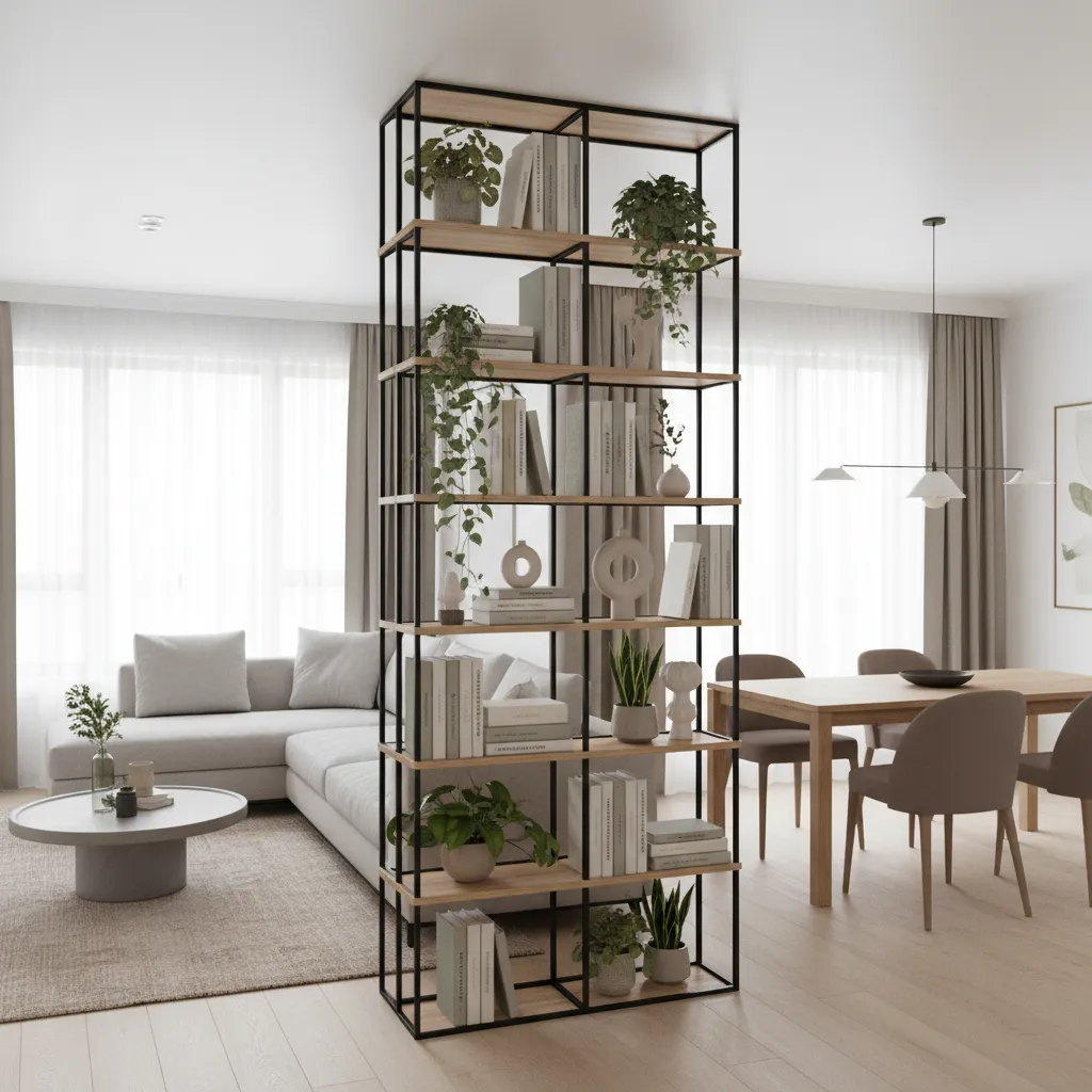 Open shelving partition separating living room and dining area