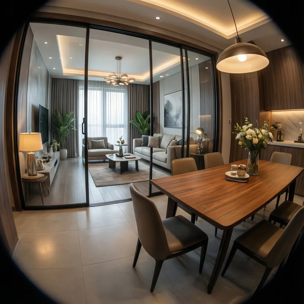 Sliding glass partition between living room and dining area