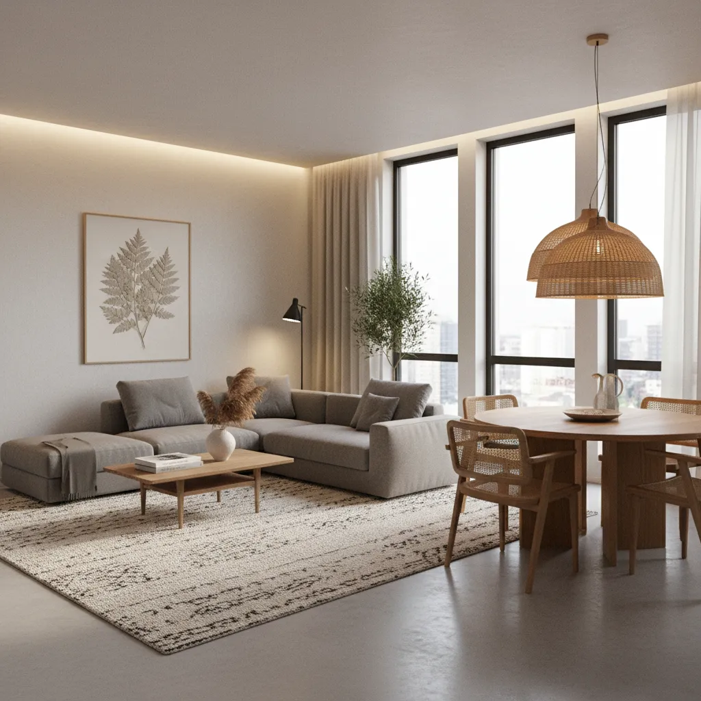 Living dining zoning using rug and pendant light