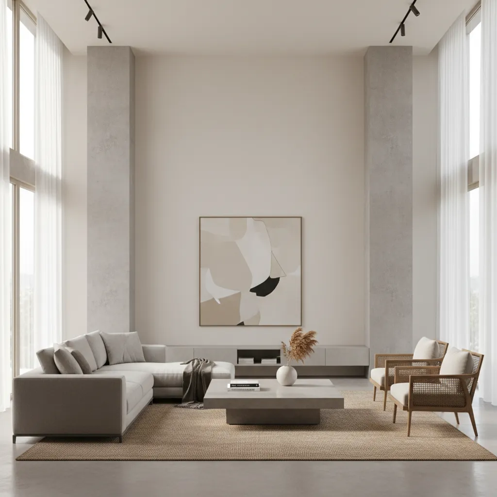 Residential living hall with structural pillars affecting furniture layout