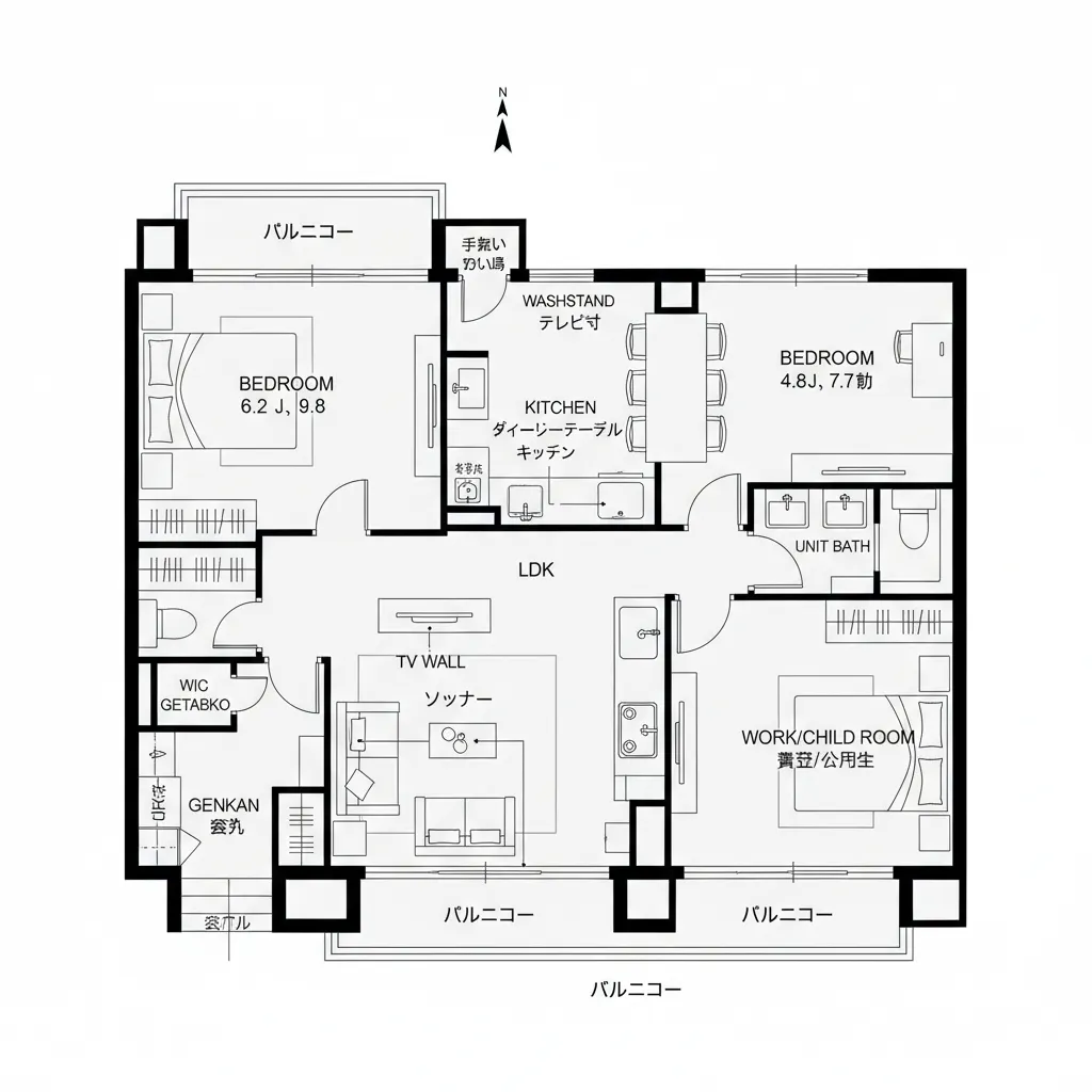 リビング中心の分岐型2LDK