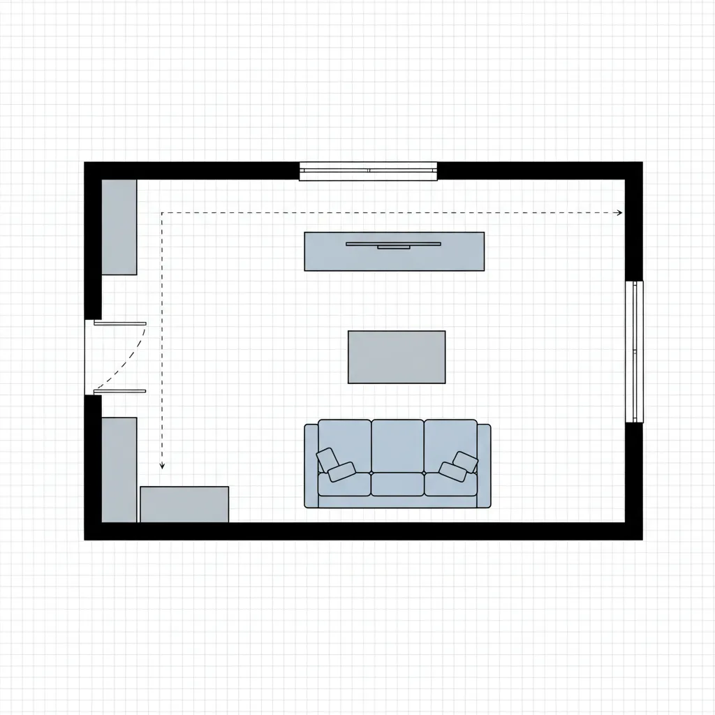 2D living room floor plan showing sofa coffee table and circulation space