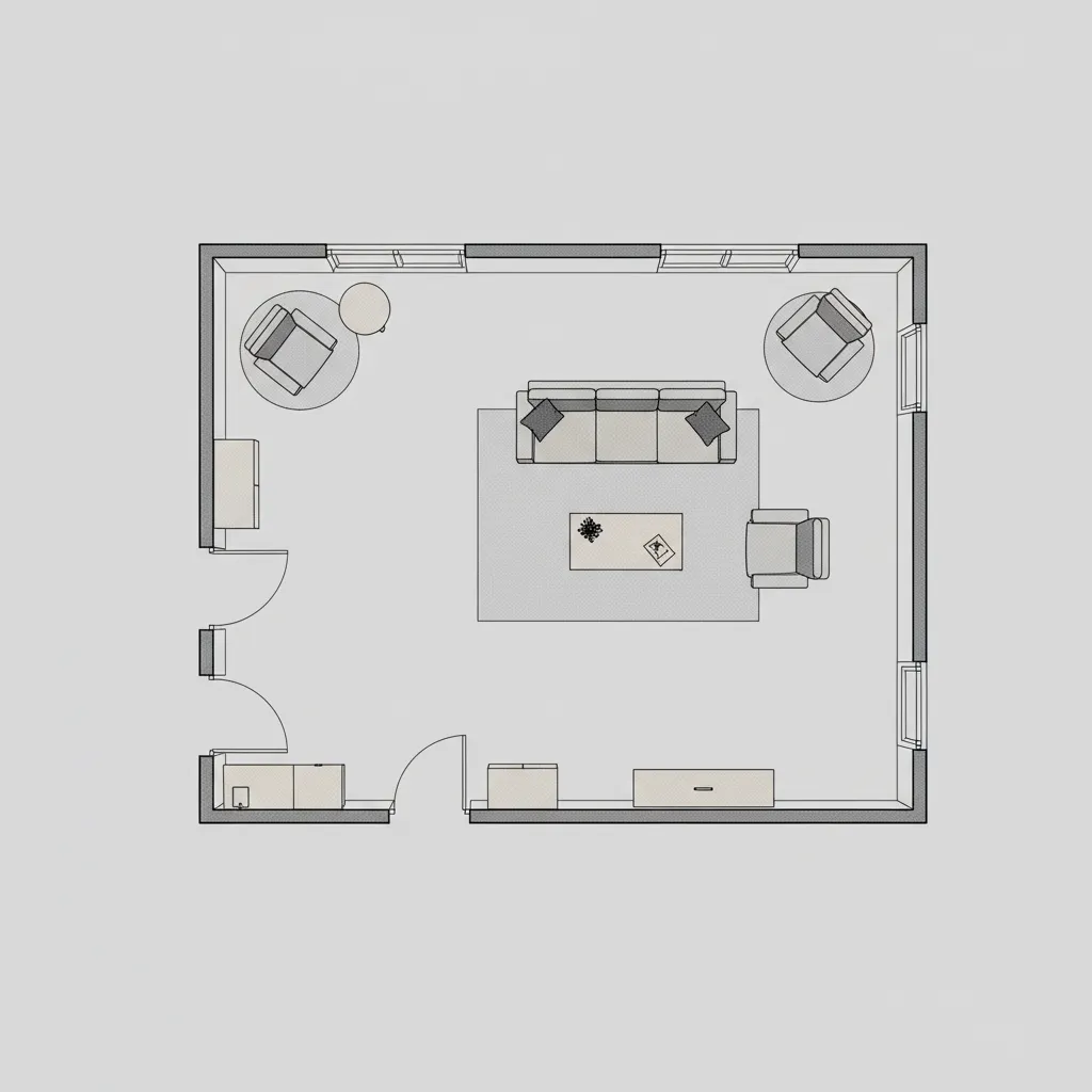 2D living room floor plan layout showing sofa table and walkway spacing