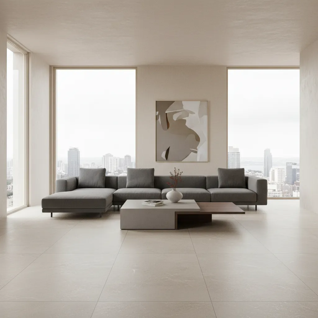 Modern living room with large 2x2 vitrified tile flooring and minimal grout lines