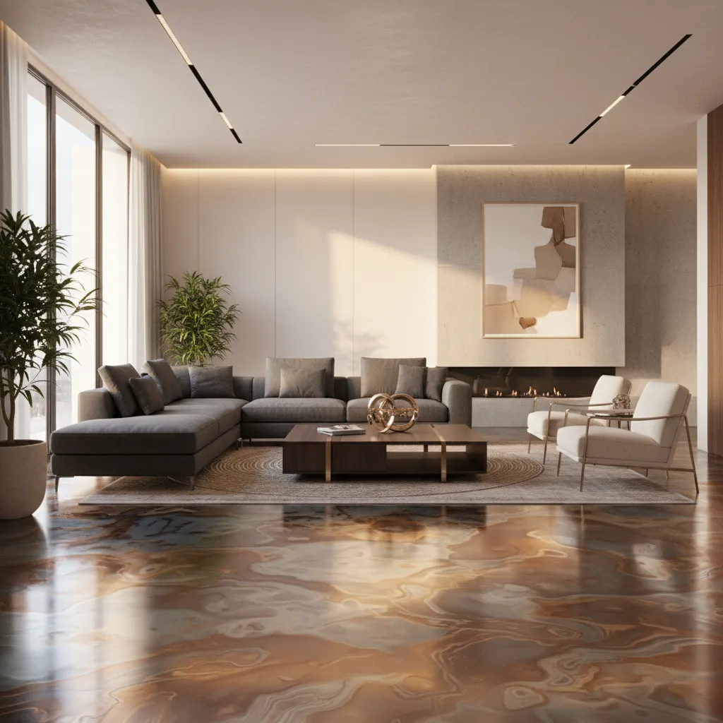 modern living room layout with metallic 3D epoxy floor and furniture arrangement