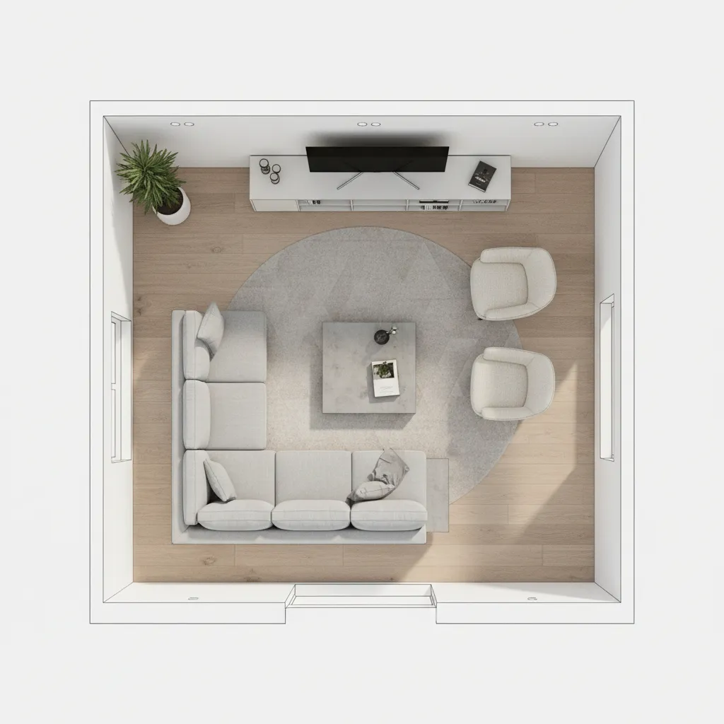 Plano de distribución de una sala minimalista en 3D