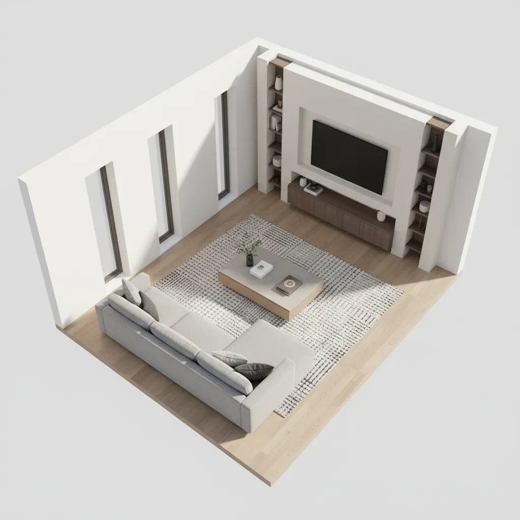 3D rendered living room layout with sofa placement planning