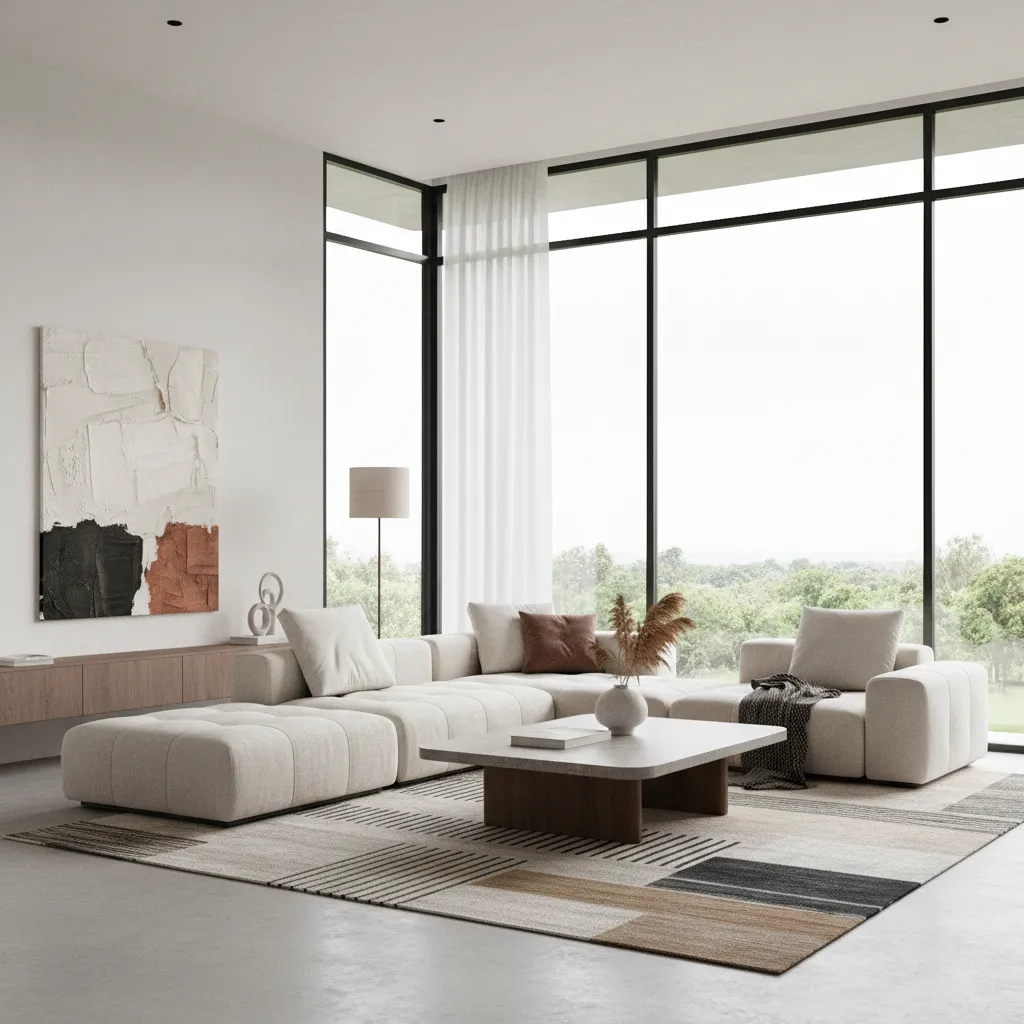 Render 3D de un salón moderno diseñado digitalmente