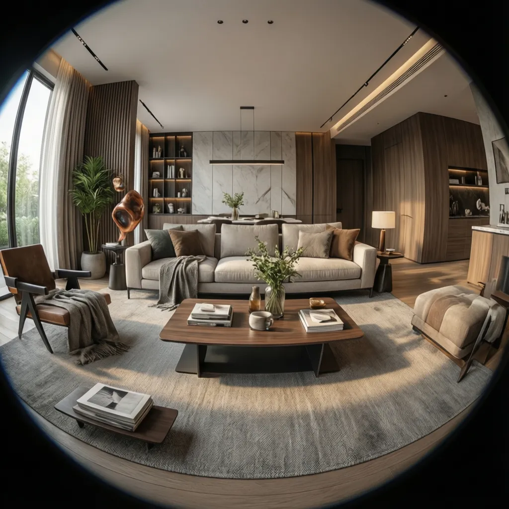 Renderizado 3D de salón moderno propuesto por un decorador online