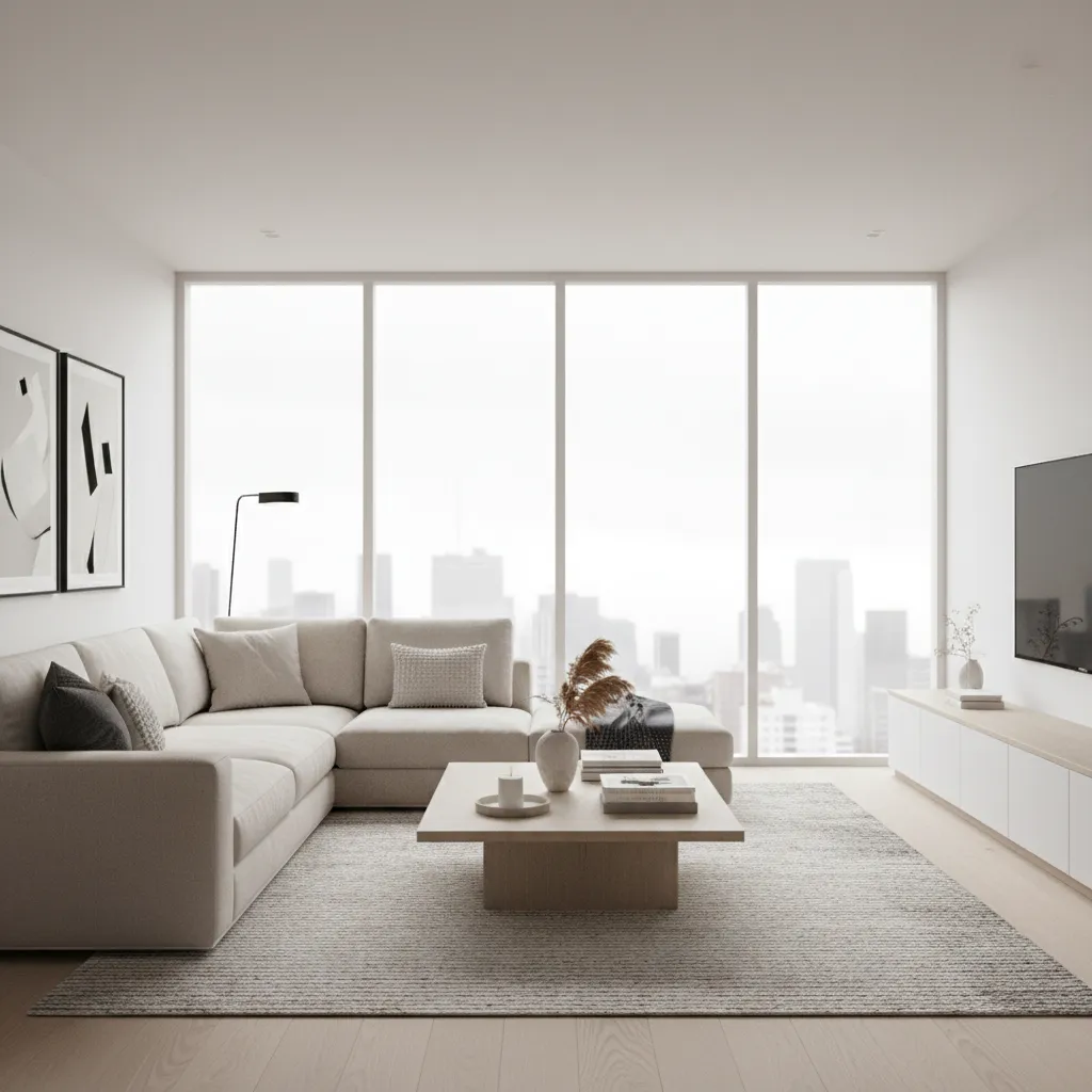 Render 3D realista de una sala de estar moderna de un proyecto de interiorismo