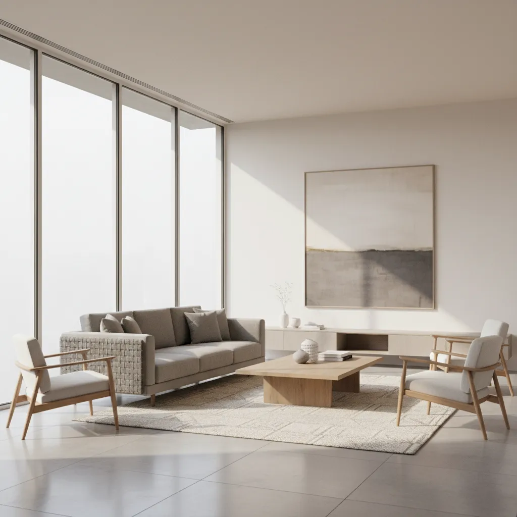 Photorealistic living room 3D render with natural daylight and realistic furniture scale
