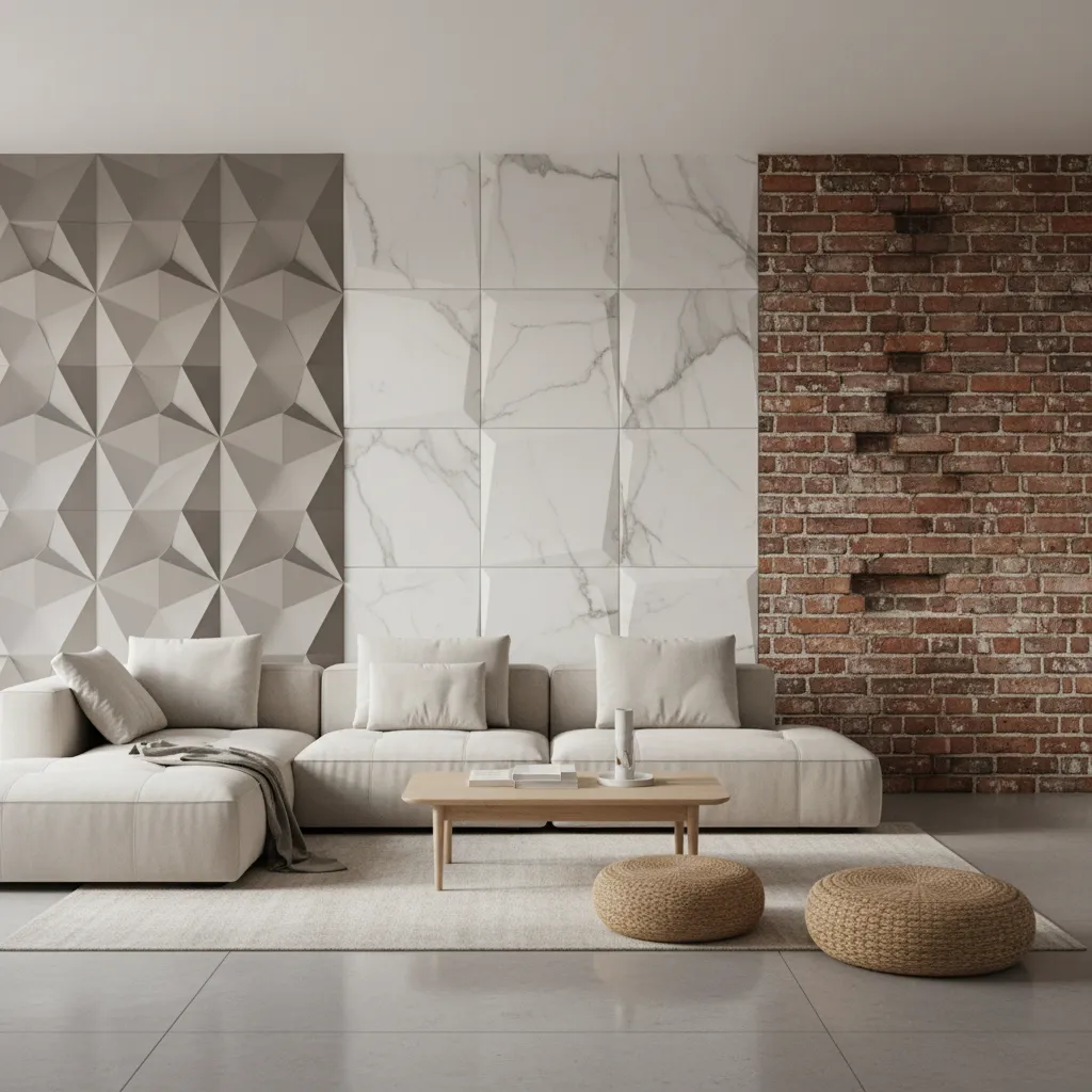 Comparison of three wall designs including grey 3D tiles, white marble, and red clay bricks