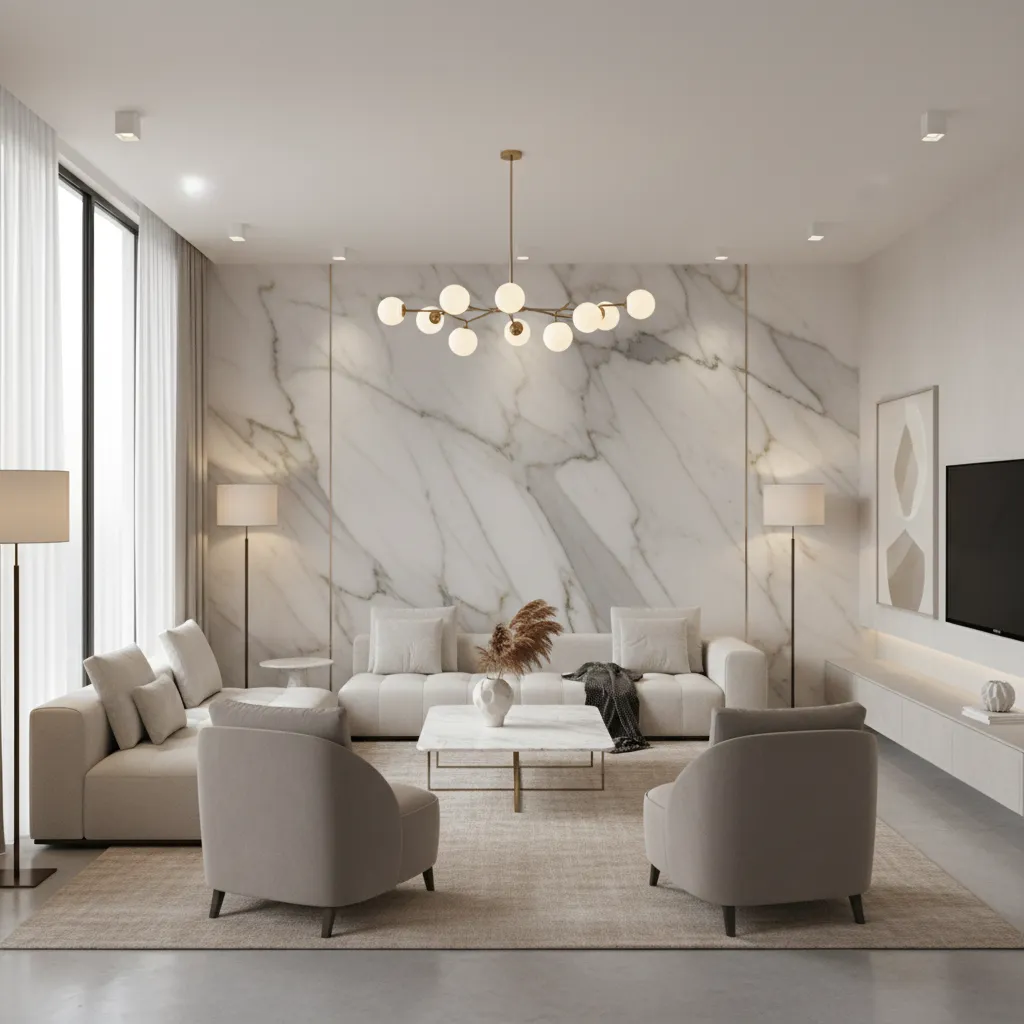 modern living room with marble style 3D wallpaper accent wall