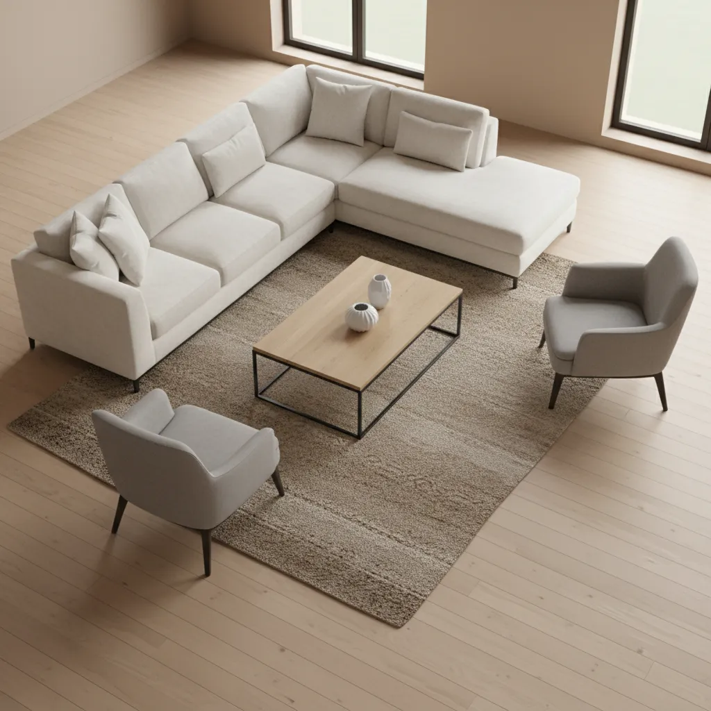 Living room diagram style render showing sofa legs partially on a 5x8 rug