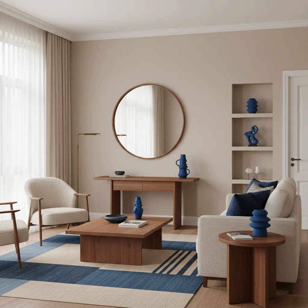 Neutral living room design using blue accents on the rug pillows vases and wooden furniture