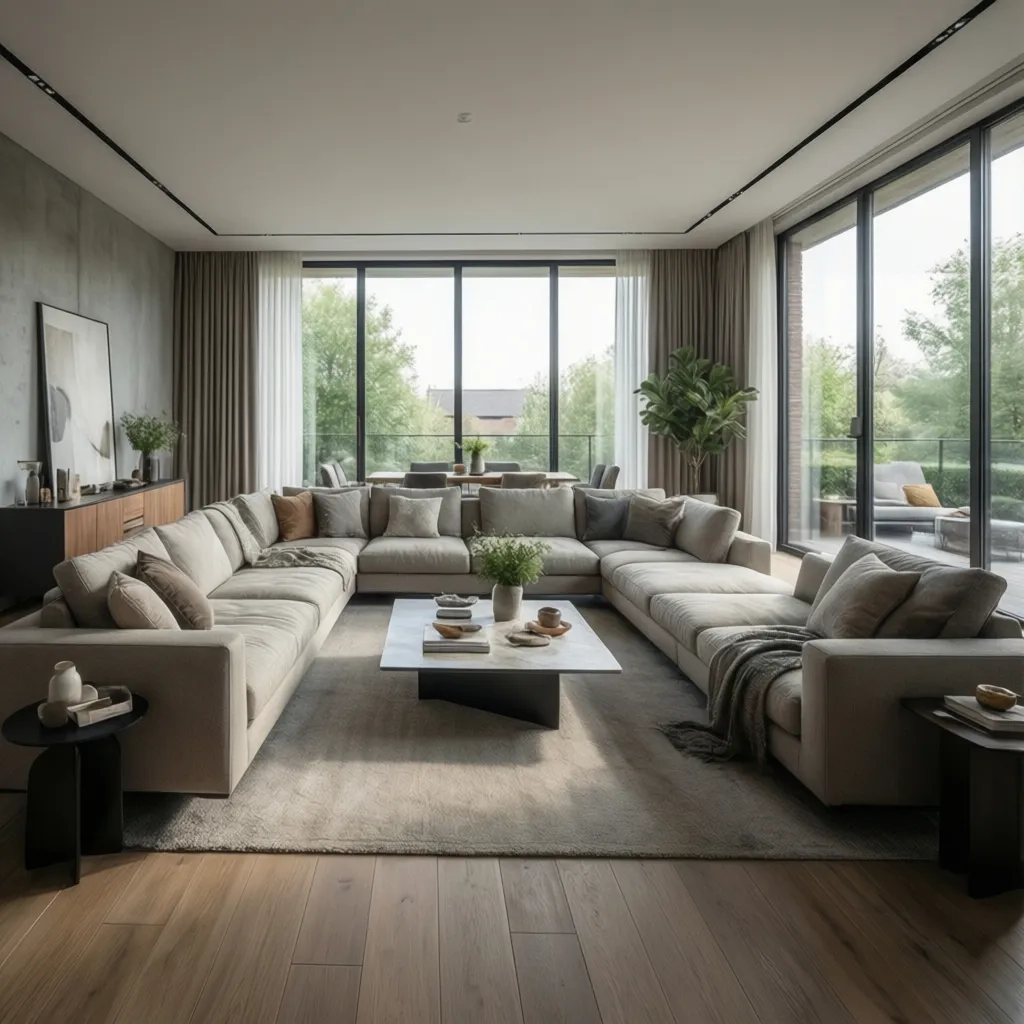 Large modern living room with a beige sofa coffee table wooden floor and big windows