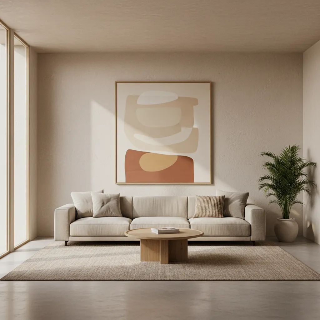 Minimal living room with large abstract canvas painting above sofa