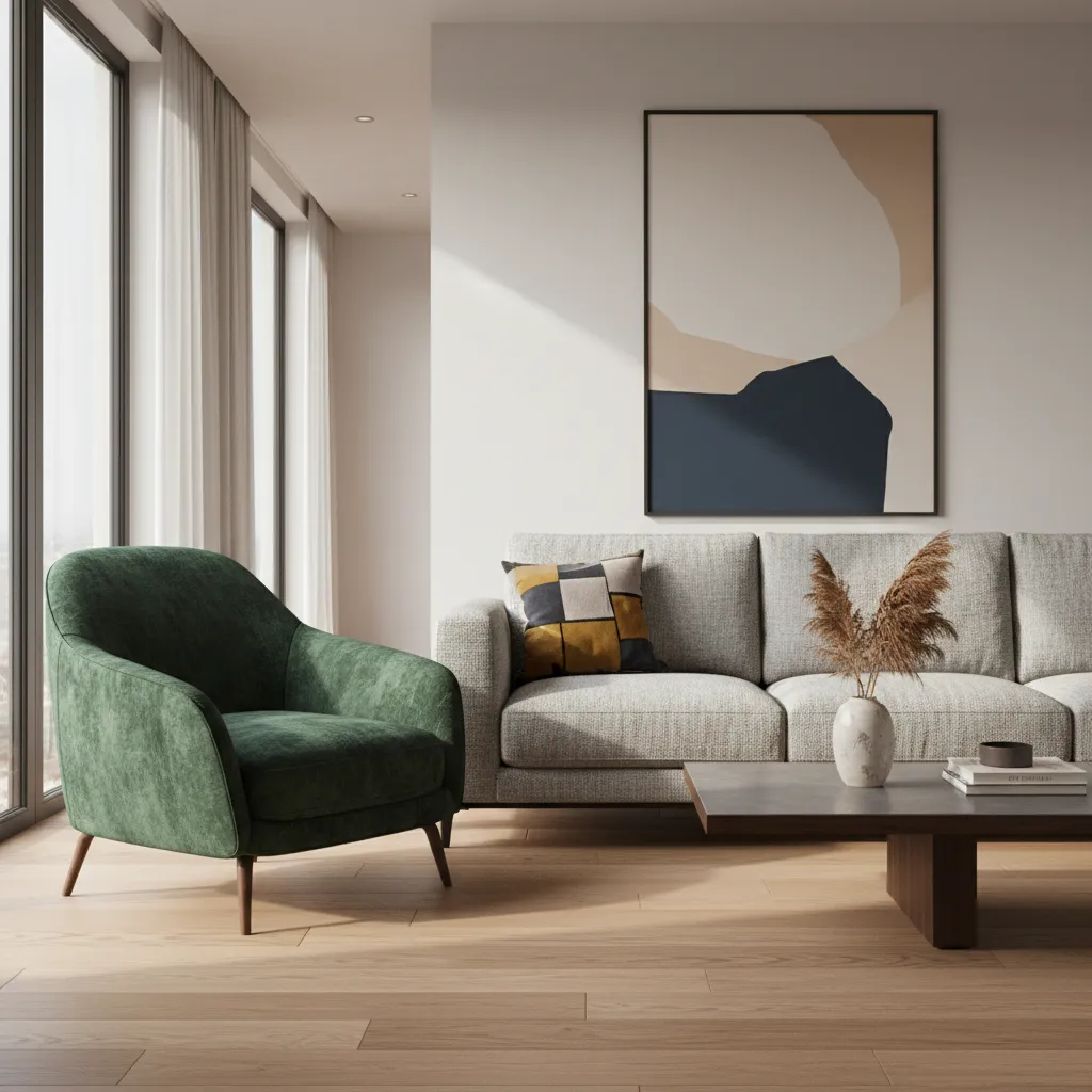 Stylish accent chair placed beside a sofa in a modern living room