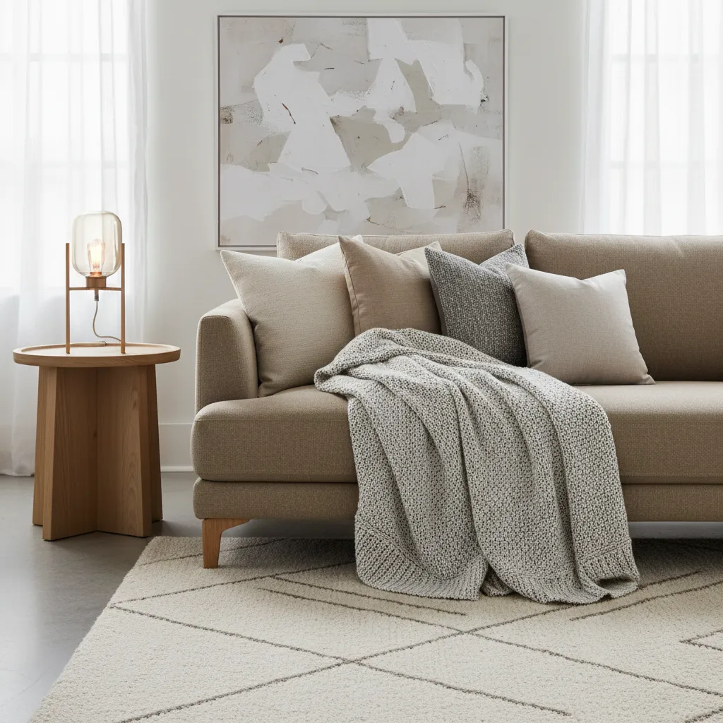 sofa styled with pillows throw blanket and side table lamp