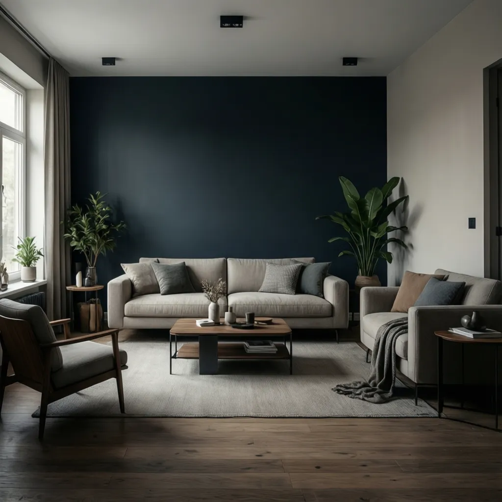living room interior showing paint used to define seating area with accent wall