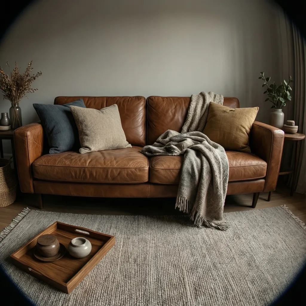 Brown leather sofa with soft pillows and blanket over a grey rug with wooden tray