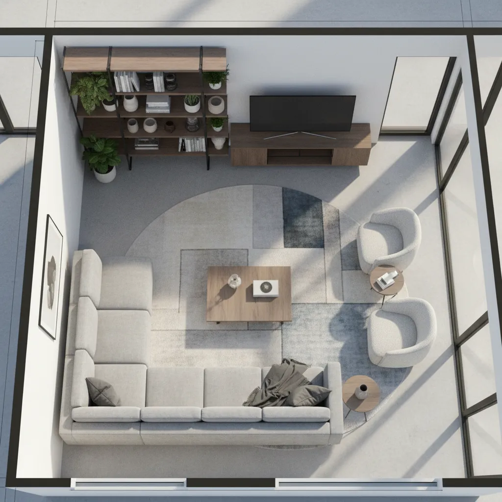Top view of modern living room layout featuring grey sofa wooden table and round rug