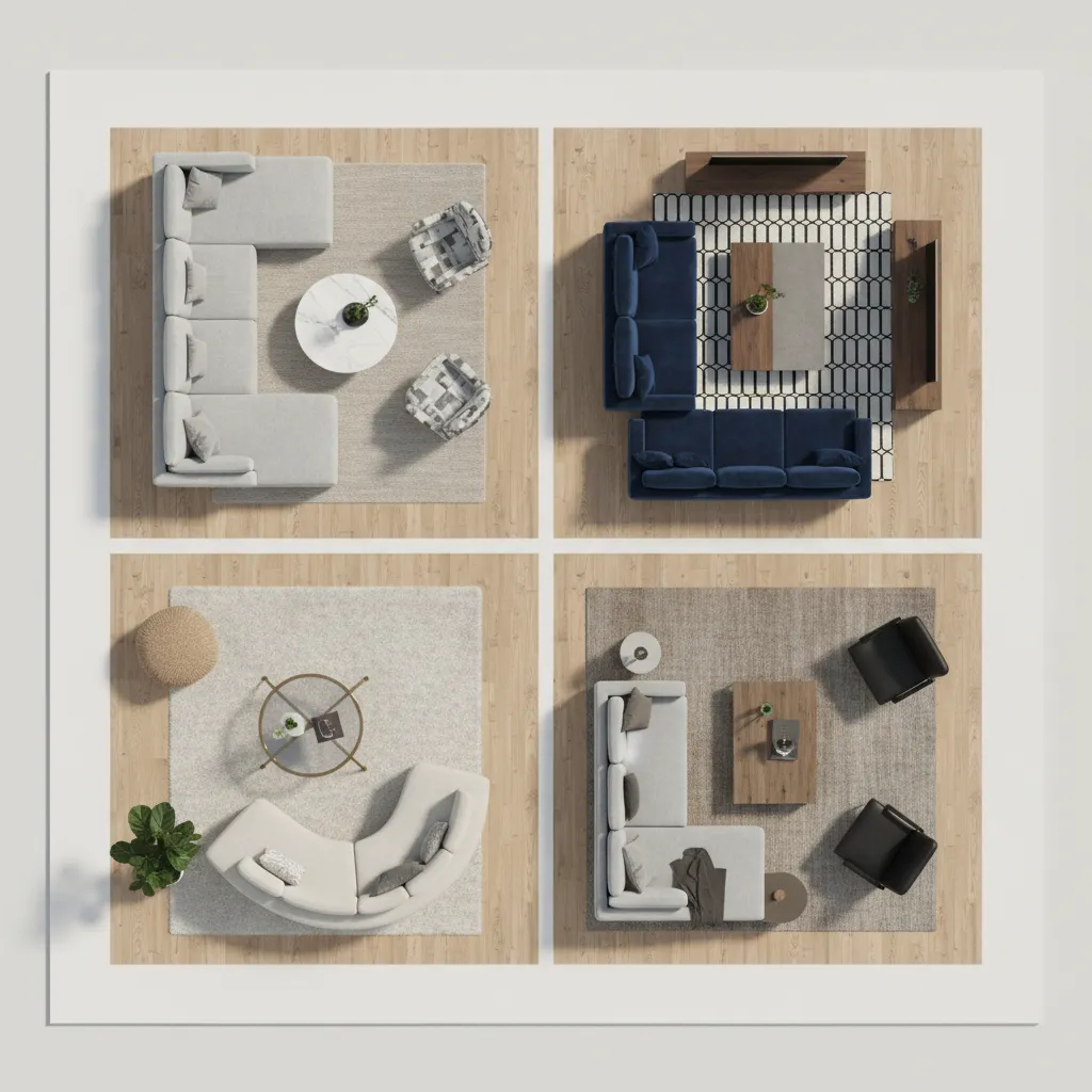 Four different top down living room layout ideas showing various sofa sets on wood flooring