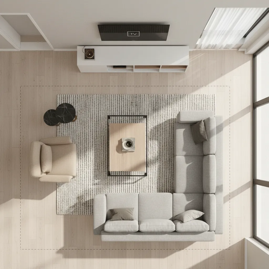 living room layout visualization showing furniture placement and circulation paths