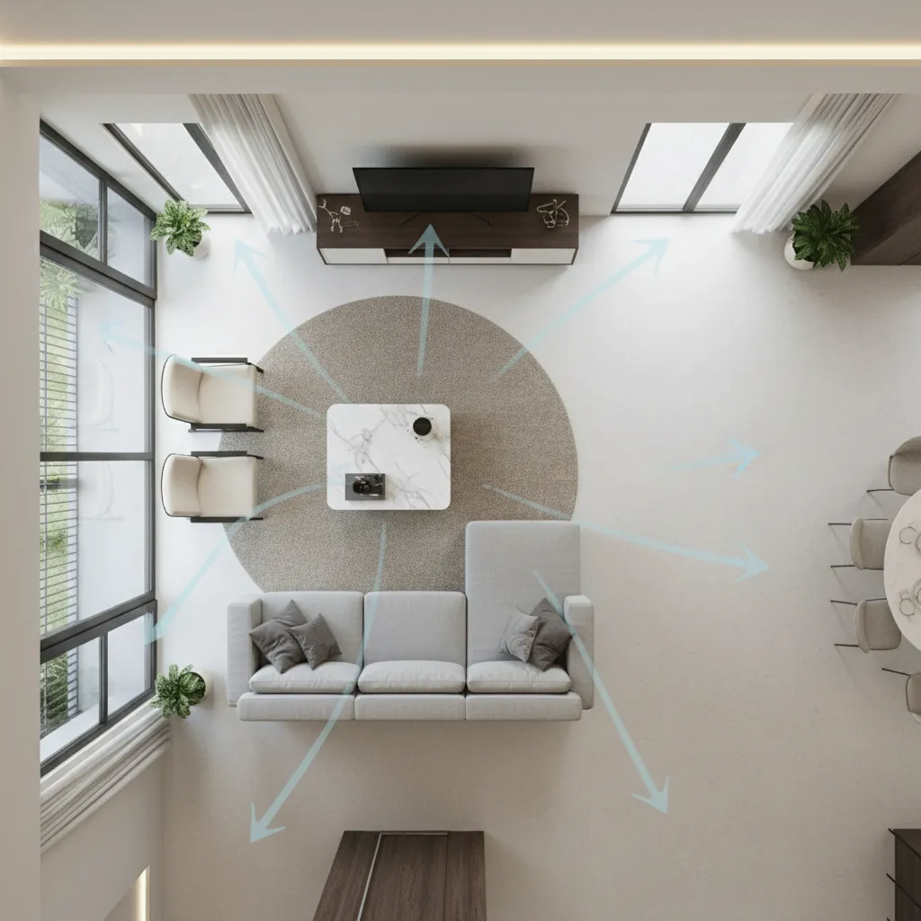 Furniture layout showing clear airflow paths in large living room