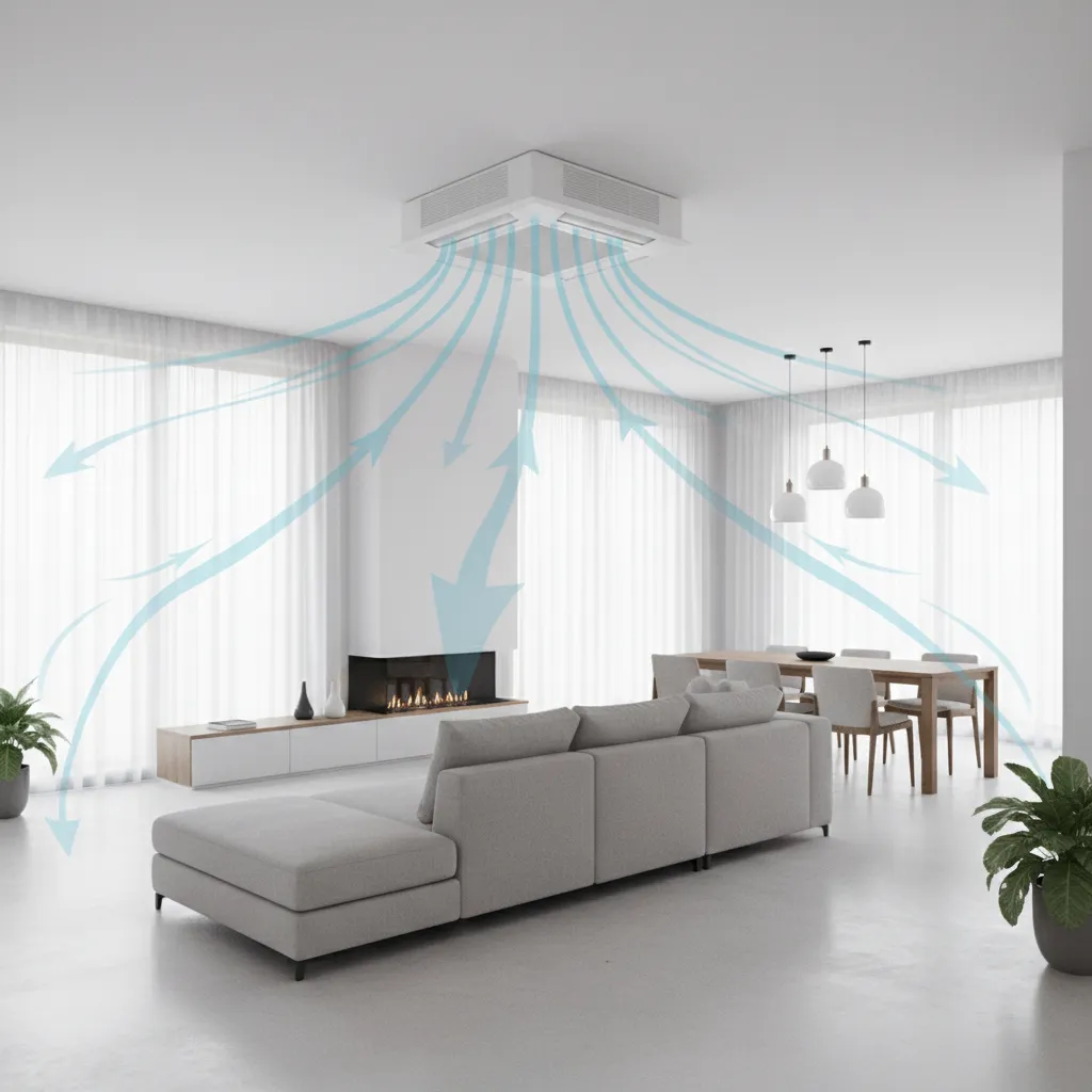 3D layout showing airflow distribution in a large living room
