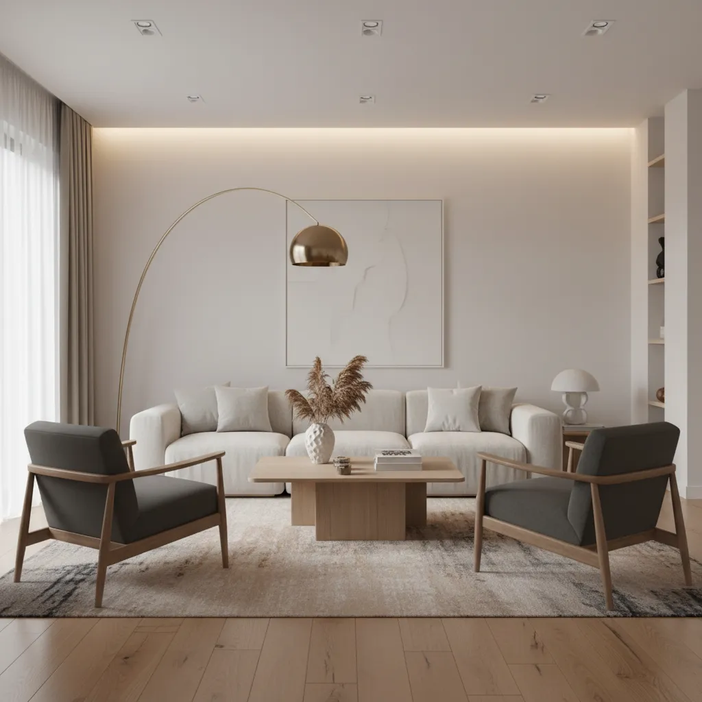Stylish arc floor lamp beside sofa in modern living room