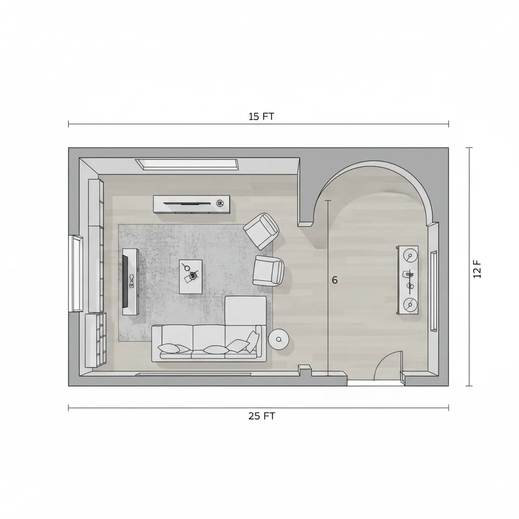 living room floor plan showing measurements and archway placement