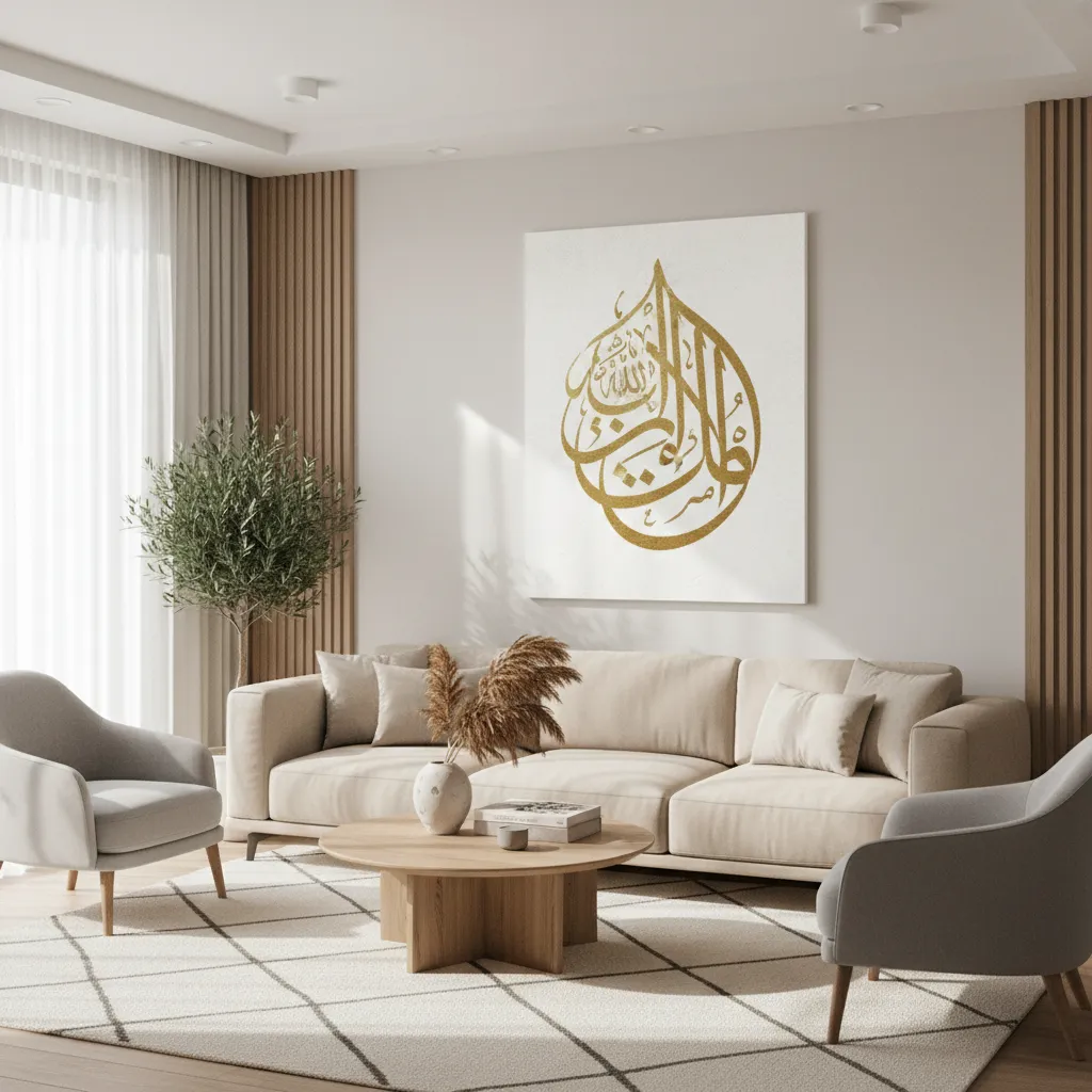 Ayatul Kursi wall art placed above a sofa in a modern Islamic living room