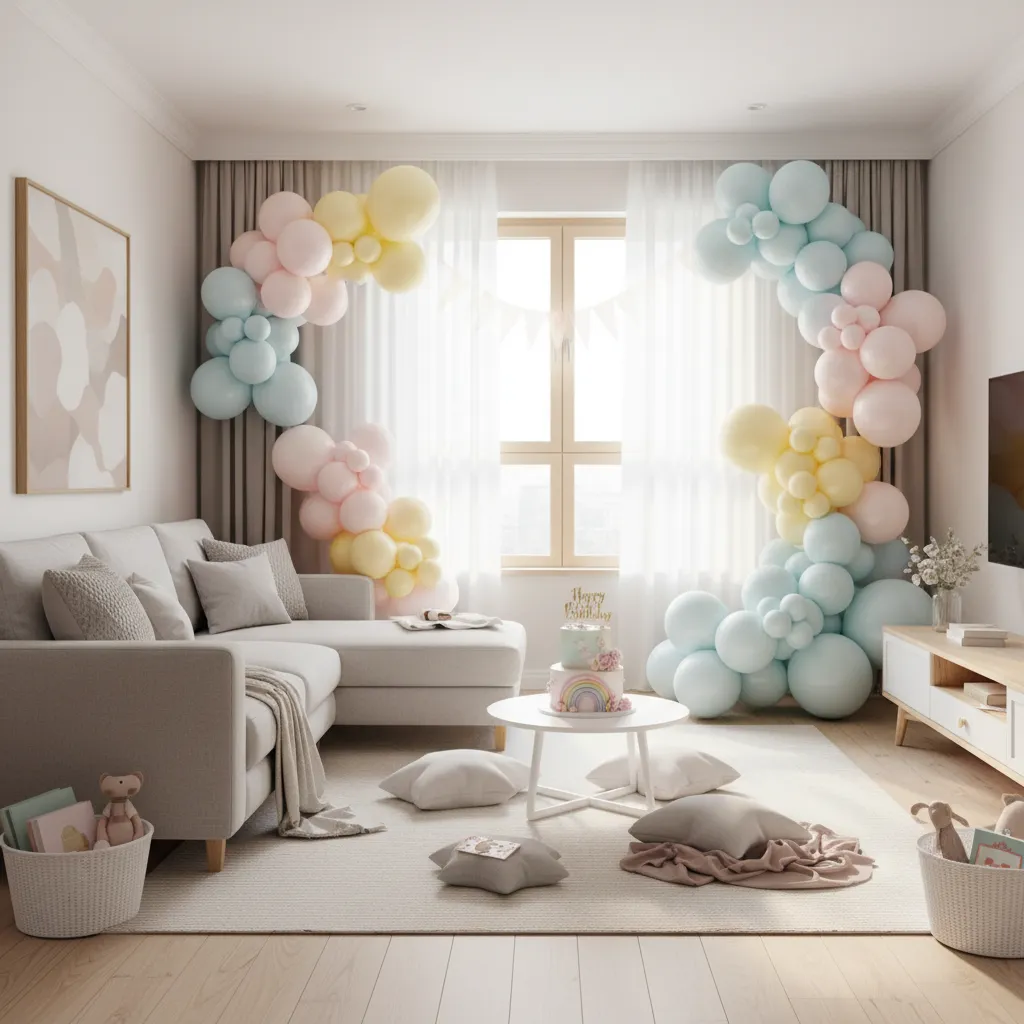 living room decorated for baby birthday with balloons and pastel decorations