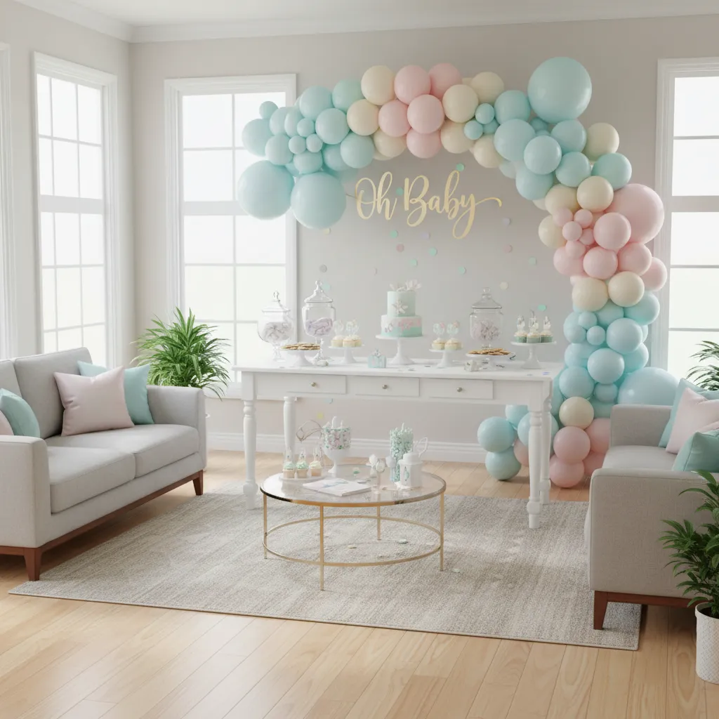 living room transformed into baby shower party with balloon backdrop