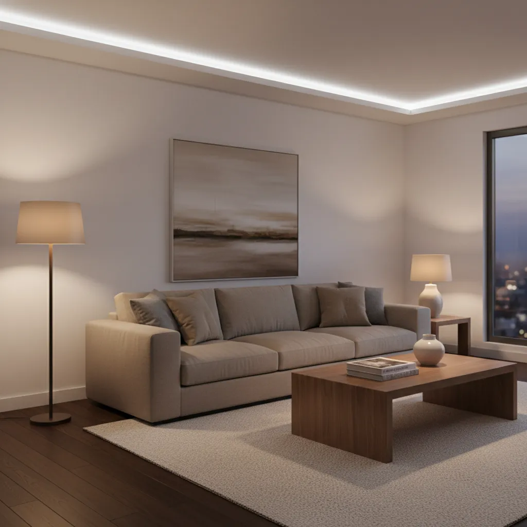 well balanced lighting in a modern living room with layered lighting sources