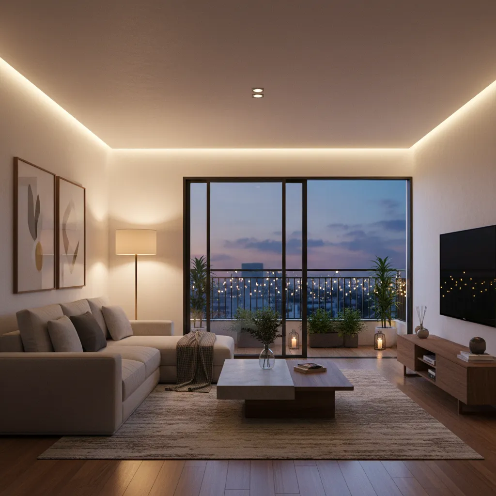 Living room with balcony at night showing layered lighting design