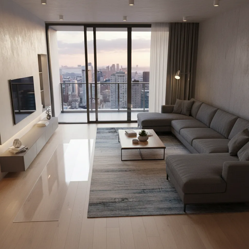 Living room layout showing sofa placement near balcony door