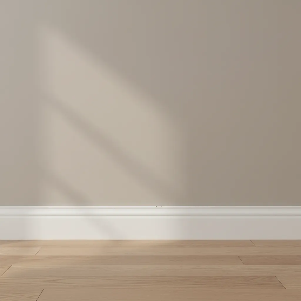 Small gap between white baseboard and wall in a living room