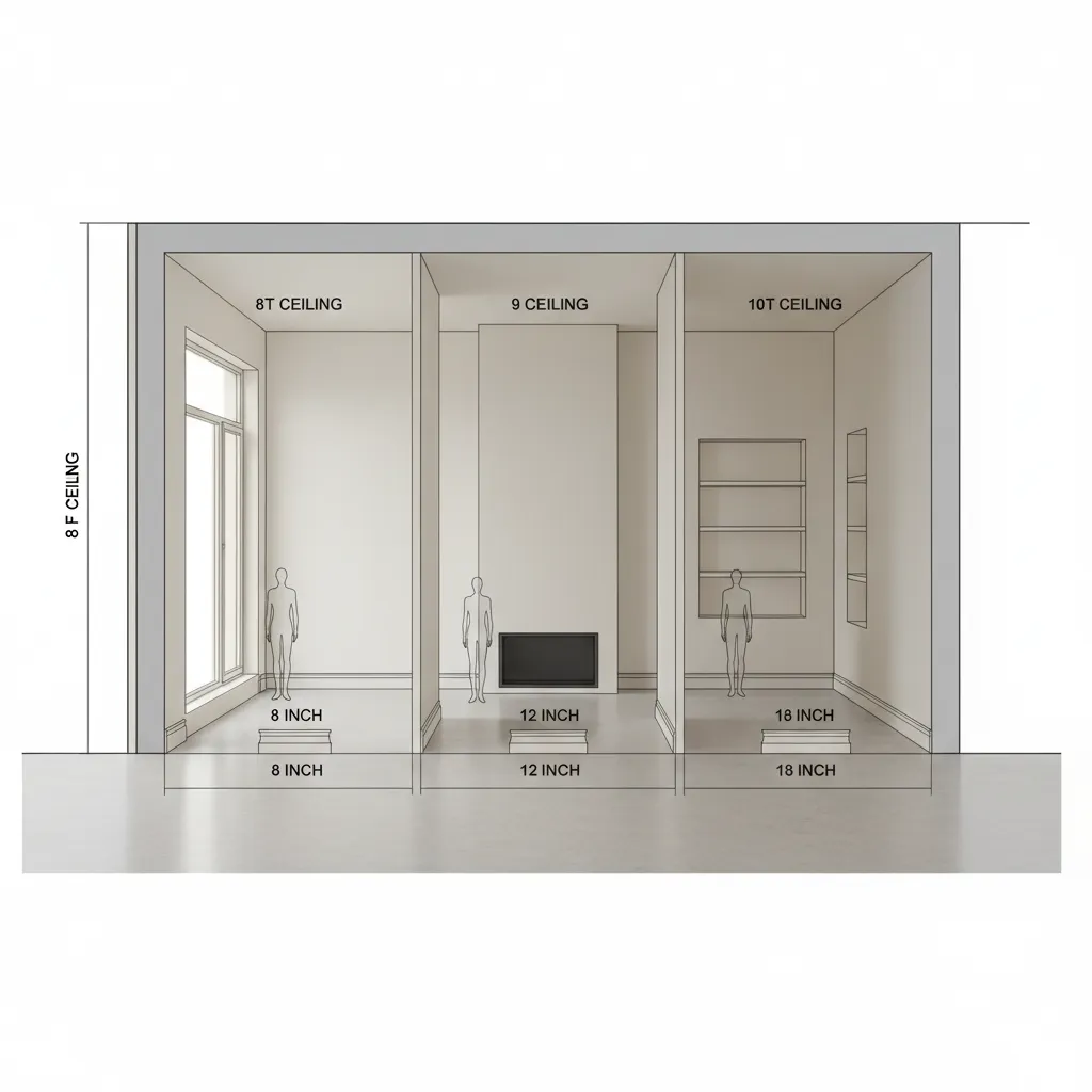 Diagram showing different baseboard heights relative to ceiling height in a living room